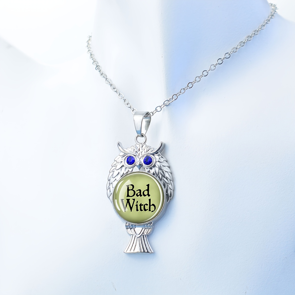 Owl Pendant Necklace with Bad Witch Text Design, Halloween Gift